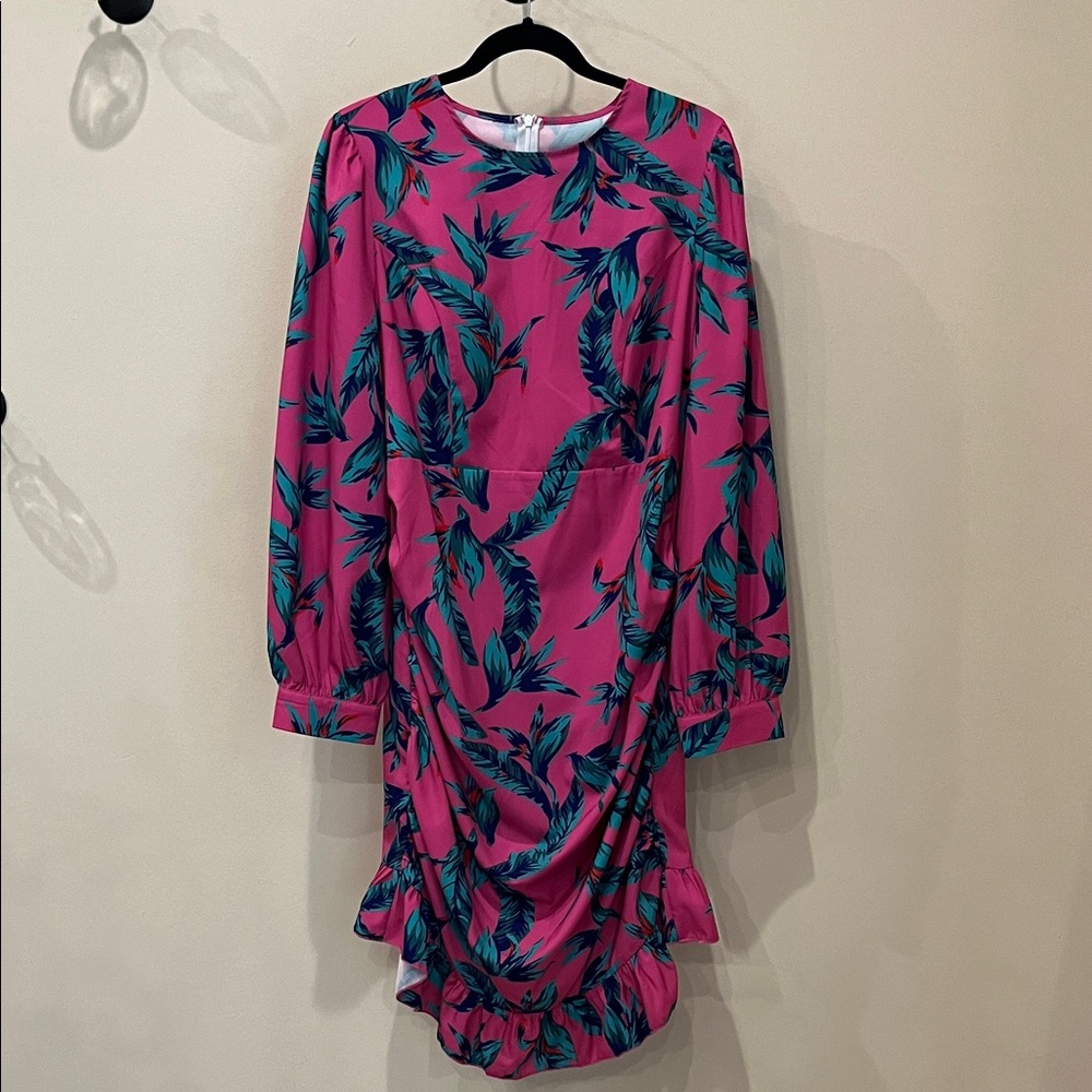 SHEIN Pink Dress with Blue Leaf Pattern
